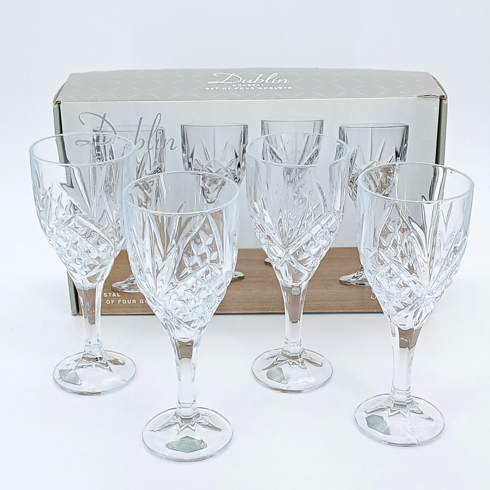 Shannon Crystal by Godinger Dublin Pattern Wine Water Goblet Glasses 8" Set of 4
